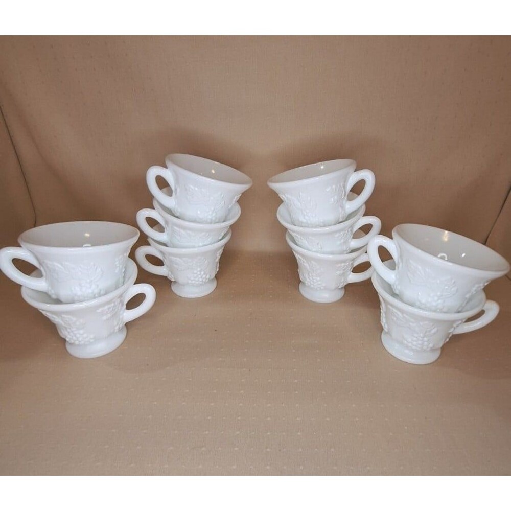 Set of 10 Vintage Colony Harvest Grape Milk Glass Footed Tea Cups Mug Indiana
